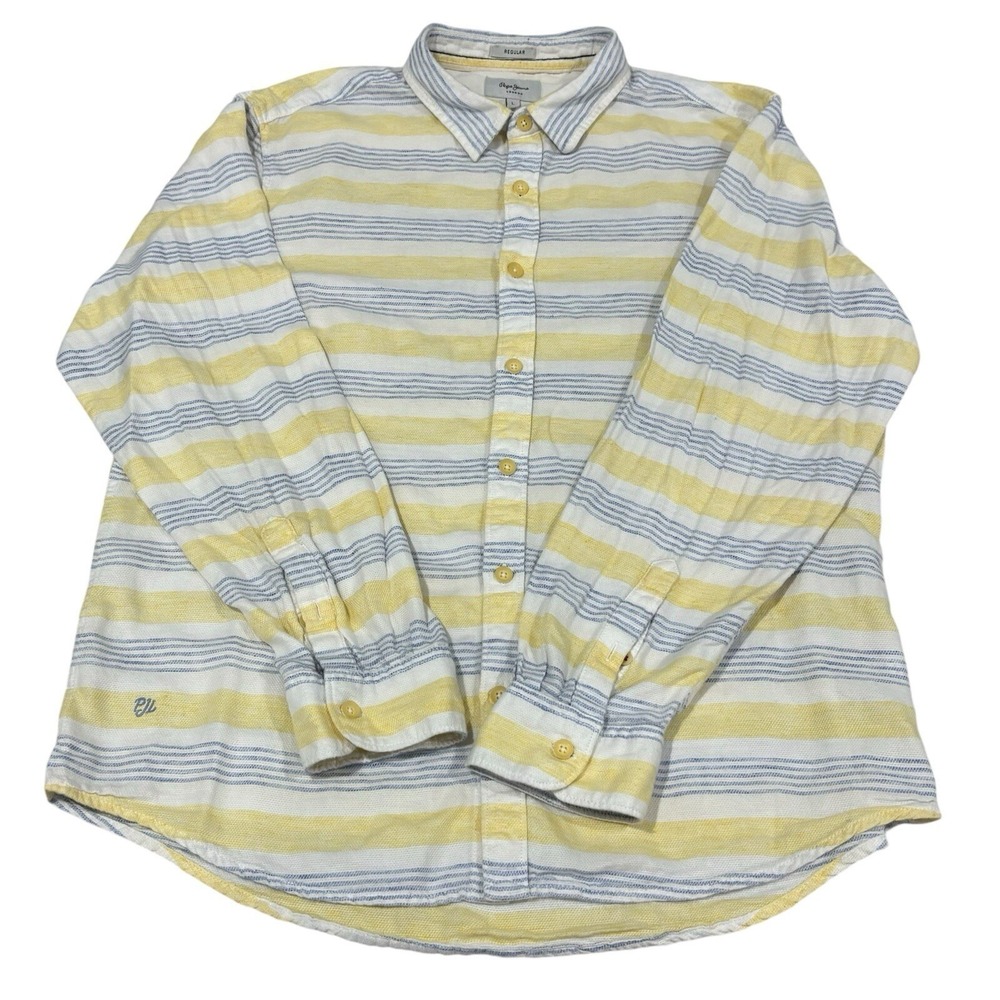 Pepe Jeans Whopper Sr Blue Yellow Striped Long Sleeve Button Down Men's Shirt L - Picture 4 of 10